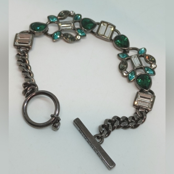* Givenchy gunmetal w/ green & clear rhinestones toggle clasp bracelet - Picture 1 of 4
